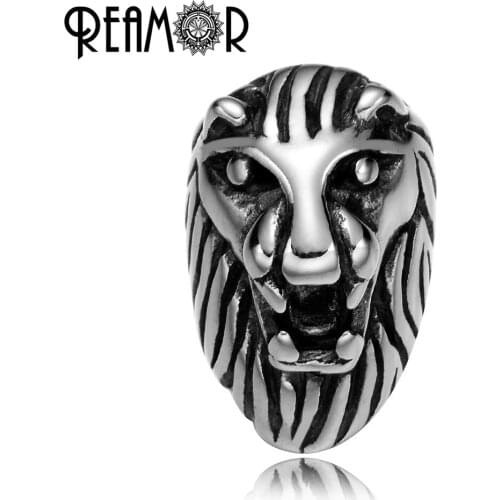 REAMOR High Polished 8mm 316l Stainless Steel Lion Head Beads Animal King Big Hole Beads Charms for DIY Bracelet Jewelry Making