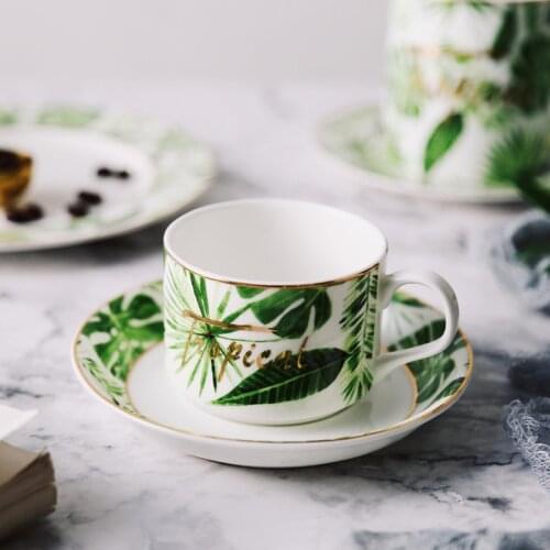 Best Bone China Small Coffee Cup And Saucer Teacup Porcelain Green Plant Pattern Outline In Gold Ceramic Espresso Cup And Dish