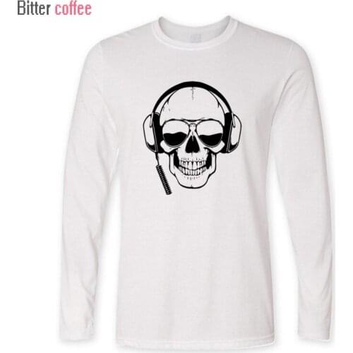 BITTER COFFEE Spring Autumn New Skull Headphones Print Long Sleeve O-Neck T Shirt Men Brand Clothing Fashion Cotton Tee Tops