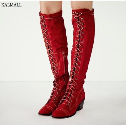 KALMALL Red Suede Cross-tied Women Knee-High Boots Rome Style Lace-Up Thigh High Boots Winter Block Heels Women Motorcycle Boots