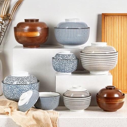 4.5/6.5 Inch Japanese Style Stew Bowl Large Ceramic Soup Noodle Rice Bowl With Lid Household Kitchen Supplies Dinnerware Set