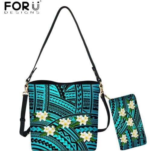 FORUDESIGNS Fashion Bucket Women Shoulder Bag Polynesian Tribal Plumeria Pattern Print High Quality Crossbody PU Leather Bolsas