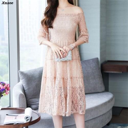 Fashion Off Shoulder Lace Dress Women Hollow Out Sexy Midi Party Dresses 2018 Summer Style Elegant Slim Dress vestidos Xnxee