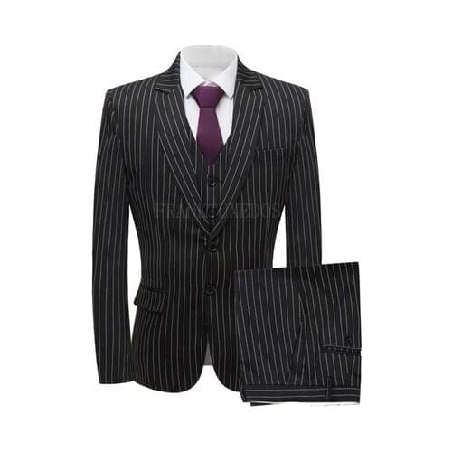 Fashionable Navy Blue Stripe Men Business Suit Groom Tuxedos Party Prom Blazer Coat Waistcoat Trousers Set NO:008