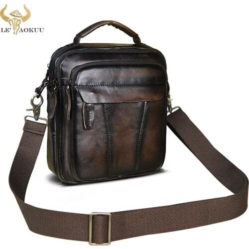 Quality Leather Male Casual Design School Messenger Crossbody bag Vintage Coffee College 8" Tablet Tote Mochila Satchel bag 149