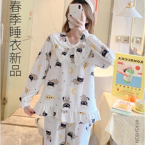 Pure cotton spring, summer and autumn long-sleeved trousers pajamas women sweet princess pajamas home service suit