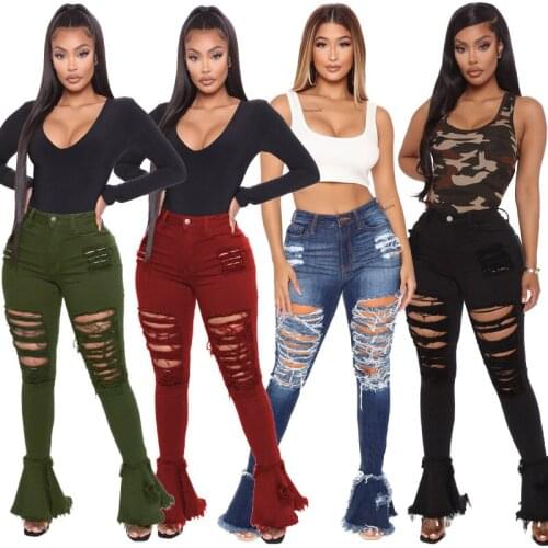 Pure Color Ripped Jeans Casual Womens High-Elastic Slim-Fit Flared Trousers 2021 European And American Fashion Autumn Trousers