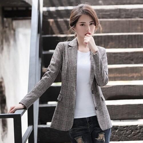 Spring Summer Women Vintage Plaid Blazers Jackets Work Office Lady Suit Slim Double Breasted Business Female Blazer Coat