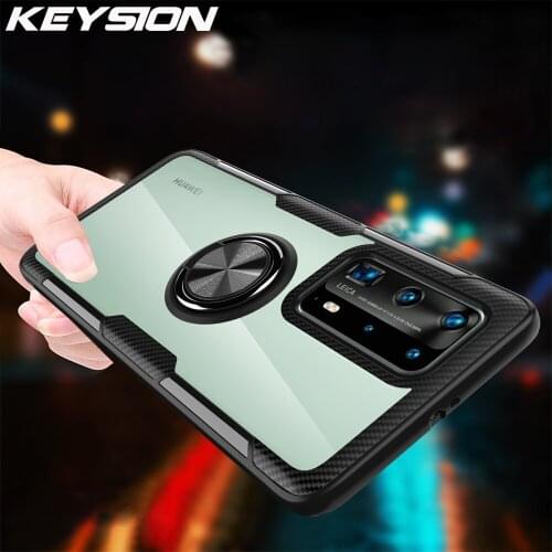 KEYSION Shockproof Case for Huawei P40 Pro P40 Lite 5G P30 P20 Clear Magnetic Ring Phone back Cover for Huawei Mate 30 Pro 20