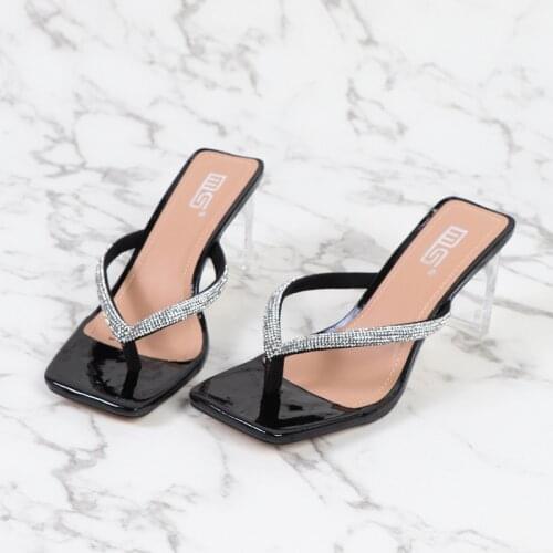 Europe and America Summer Women Slippers Rhinestone Square Toe High Heel Flip Flop Feminine Transparent Thick Heel Sandals 2021