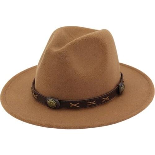 Woolen Felt Hat Panama Trilby Jazz Fedoras hats with Brown Belt Flat Brim Formal Party Top Hat for Women men unisex GH-450
