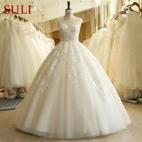 SL-305 Scoop Neck Illusion Bodice Pearls Applique Wedding Dress 2018