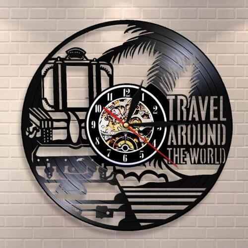 Tourism Wall Clock Travel Around The World Vacation Travel Doodles Vinyl Record Wall Clock Travel Planner Decorative Wall Watch