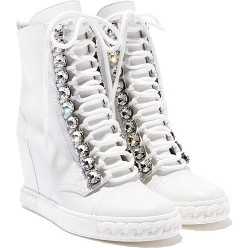 Bling rhinestone embellished lace up ankle boots cow leather inner height increasing woman high top crystal inner wedge sneaker