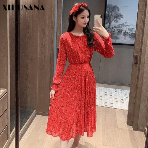 XIBUSANA Autumn Lace Up Pleated Pullover O-Neck Dress Womens High Waist Floral Print Chiffon Long Sleeve Vintage Dresses Female
