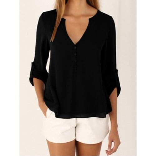 2020 Women Shirts Summer Autumn Casual V-neck Chiffon Blouse Women Tops And Blouses Long Sleeve Black White Ladies Blouse Shirt