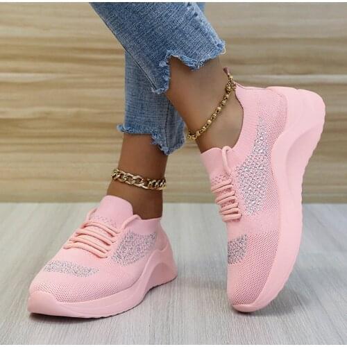 Women Sneakers Vulcanized Shoes 2021 Rhinestones Summer Plus Size 43 Breathable Knitted Womens Running Shoes Casual Lace Up New