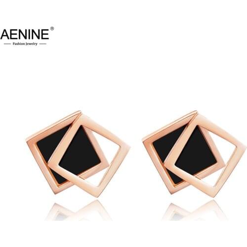AENINE Classic Double Square Shell Stud Wedding Earrings For Women Titanium Steel Female Earrings Jewelry Brincos AE17043