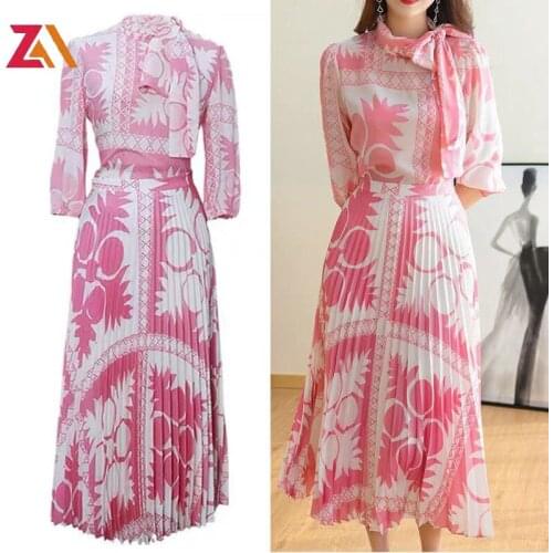 ZALady Summer Vintage Printed Half Sleeve Blouses Elegant Pleated Skirt Office Party Casual Bow Tops Skirts Two 2 Piece Set Suit