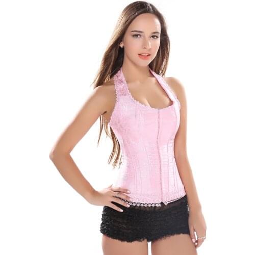 Pink Corset Top Straps Hook&Eye Overbust Corset For Women Jacquard Lace Up Boned Bustier BodyShaper Halter Neck Outfits