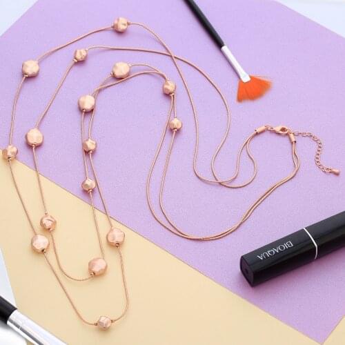 Rose Gold Long Necklace Women Double Layered Chains Irregular Beads Necklaces & Pendants Statement Jewelry collar mujer bijoux