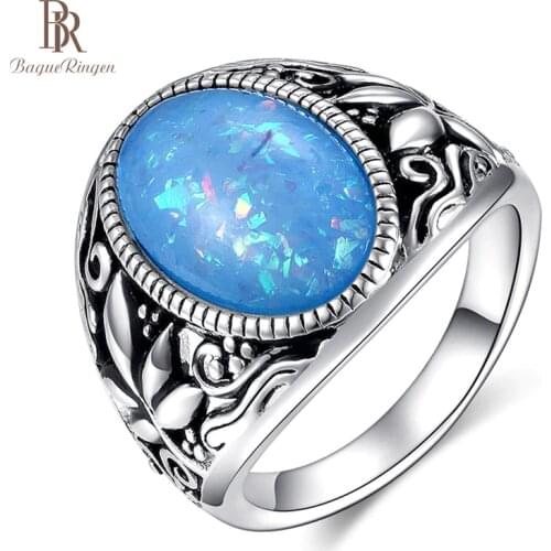 Bague Ringen White Blue Pink Opal Ring Silver 925 Jewelry for Women Vintage design 11*17mm Gemstone Party ring 925 Wholesale