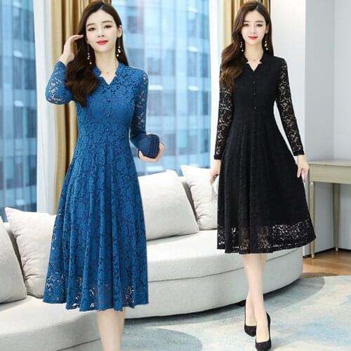 2021 spring Autumn Plus Size Vintage Lace Midi Dresses Women Elegant Bodycon Black Maxi Dress Party Long Sleeve Runway Vestidos