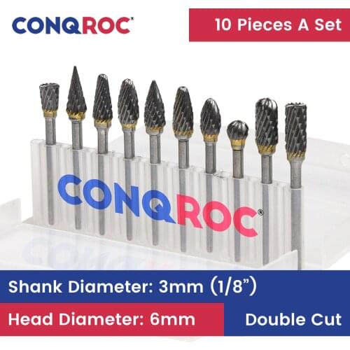 10 Pieces YG8 Carbide Rotary Burrs Set 6mm Cutting Diameter Double Thread Engraving Bits Milling Cutters 1/8" Shank for Dremel