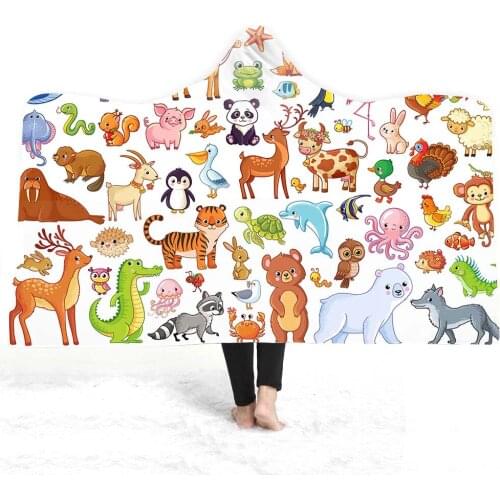 3D Printing Lovely Carton Animal Style Hooded Blanket Tiger Lion Dinosaur Giraffe Sherpa Fleece Wearable Throw Thickened Blanket