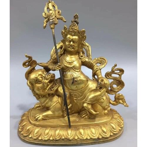 8'' bronze copper gold tibetan buddhism buddha Yellow Jambhala Dhammapala lion