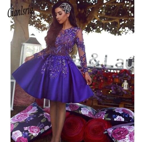 Arabic Royal Purple Short Cocktail Homecoming Dresses 2020 Vintage Long Sleeve A Line Sheer Neck Applique Beaded Dress Prom Gown