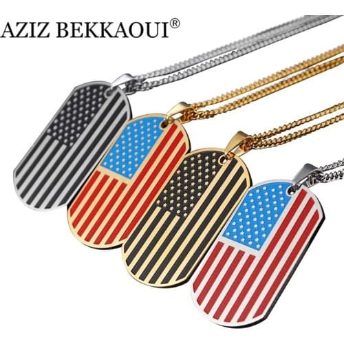 AZIZBEKKAOUI Engrave ID Pendant Necklace American Flag USA Patriot Freedom Stars and Stripes Dog Tag Stainless Steel Men Jewelry