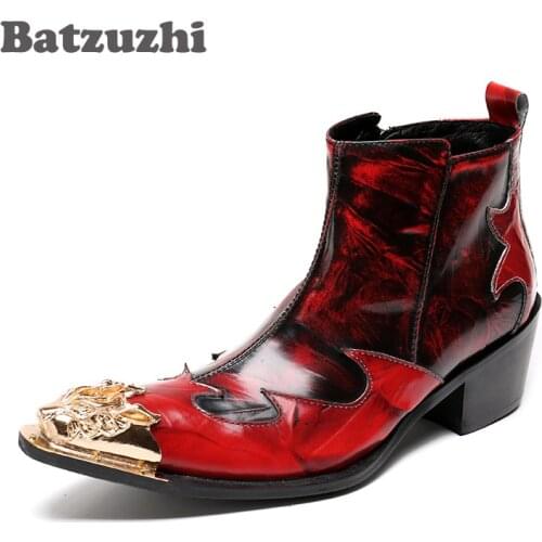 Batzuzhi Italian Type Men Boots Wine Red Genuine Leather Men Short Boots Golden Metal Toe Nightclub Stage Shoes 6cm High Heels