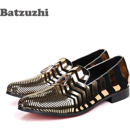 Batzuzhi Luxury Italian Style 100% Brand New Shoes Men Pointed Toe Black Suede Gold Stripe with Gold Tassel Men Shoes Casual