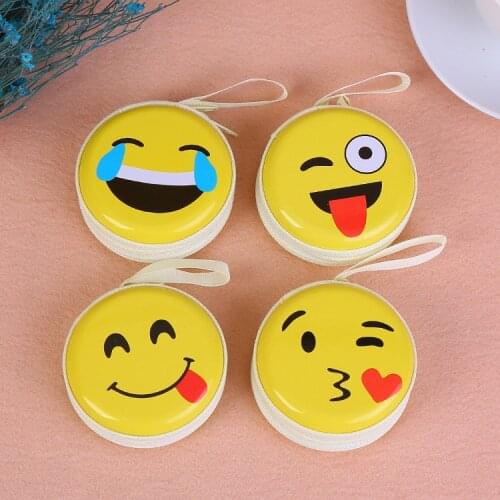 Ladies coin box cute cartoon smiley expression coin box car key case round zipper girl coin purse USB cable earphone storage bag