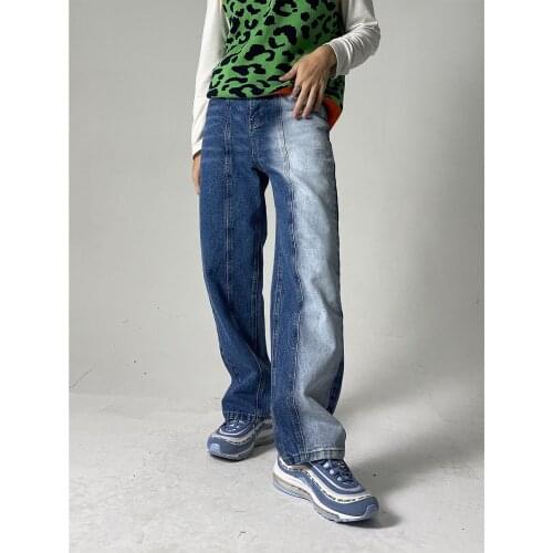 EukaaRu Color Contrast Patchwork Baggy Jeans Men Straight Wide Leg Denim Jeans Fashion Women Boyfriend Jeans Leisure Trousers
