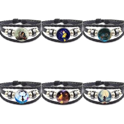 EJ Glaze Black Leather Bracelet Bangle Glass Cabochon Jewelry For Women Men Party Coraline y la Puerta Secreta