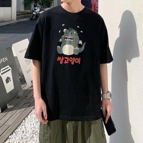 Oversized Men T Shirt Cartoon Print Short Sleeve O Neck Korean Style Harajuku Hip Pop Cute Tops Vintage Cotton Male Clothing