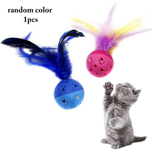 Cat Toy Pet Feather Cat Ball Interactive Random color Ball Toys Cat Kitten Ball Toy Cat Playing Ball with Bell Toys for Cats