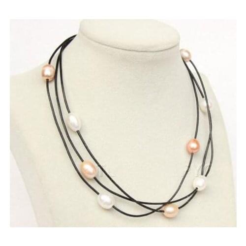 Elegant Handmade Real Pearl Jewelry 16-18'' 3 Rows White Pink Purple Cultured Freshwater Pearl Black Leather Necklace