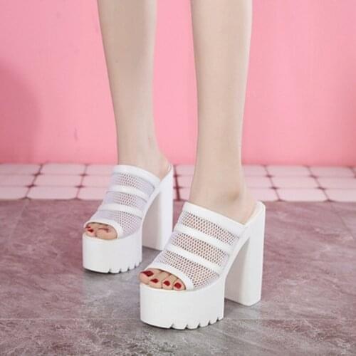 Summer European And American Style 16 Cm High-Heeled Solid Color Simple And Elegant Ladies Slippers With Waterproof Platform