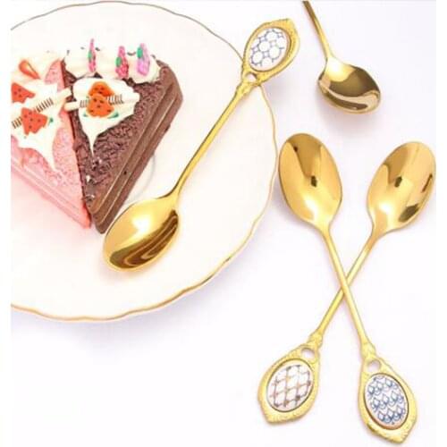 Stainless Steel Spoons Inlay Ceramic Handle Coffee Scoop Vintage Gold Color Dessert Spoon Elegant Fashion Cake Scoop