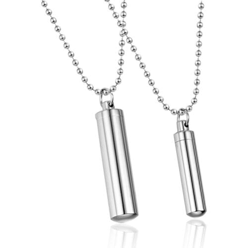 Stainless Steel Men Jewelry Pill Case Holder Cylinder Pendant Memorial Necklace 2 sizes Beaded Chain 24"