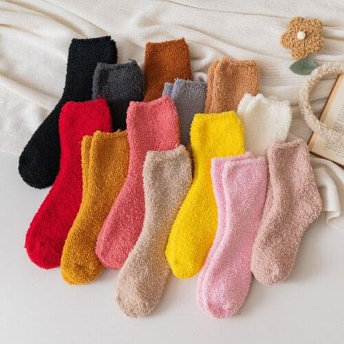 1 Pair Women Socks Plush Coral Fleece Cute Thick Warm Autumn Winter Cold Resistance Cotton Female Middle Tube Floor Sleep Sox