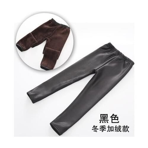 New Winter Girl with Suede Leather Leggings and Children Black Leggings Plus Velvet Pants