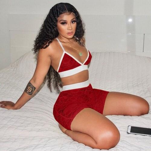 Sexy Hot 2 Piece Sets Womens Outfits Party Club Wear Lace Sheer Crop Top + Shorts Sets Night Sleepwear Matching Sets Co-ord Set