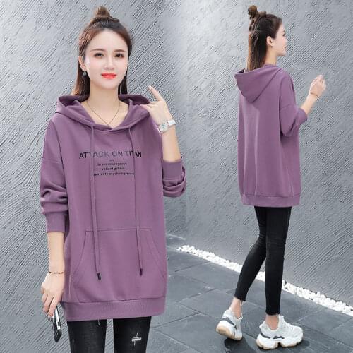 Letter Print Mid-Length Casual Hoodies Women Spring Korean Loose Long Sleeve Hooded Sweatshirt Fashion Tracksuit Pullover Tops