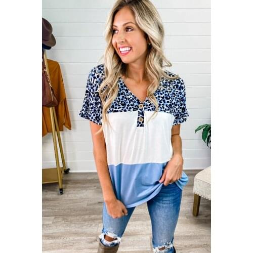 Casual Leopard Print Patchwork Color Block V Neck Top Women Casual Fashion Short Sleeve Blouse Tops