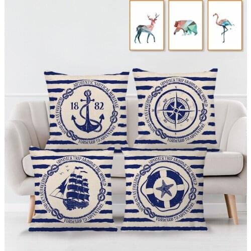 Simple Dark Blue Series Cushion Cover Nautical Pattern Linen Pillowcase Home Decor Throw Pillow Covers