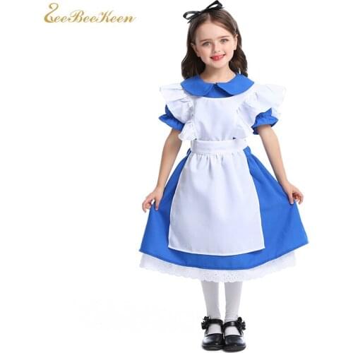Dark Blue Girls Costume Halloween Princess Dress Performance Wear Alice in Wonderland Maid Costume